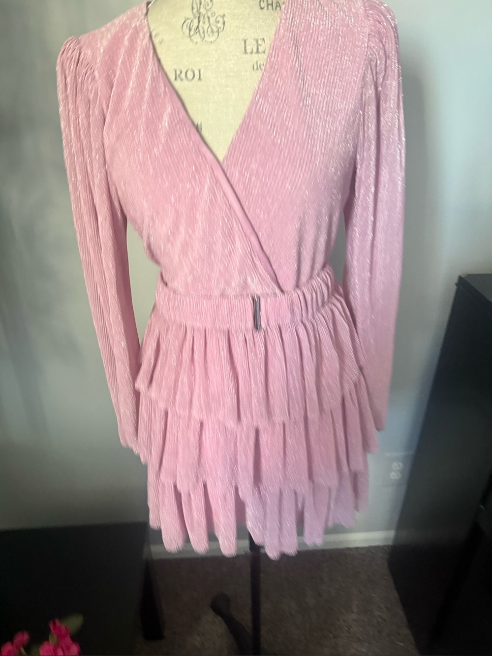 Dress size large women pink sparkle belted ruffle